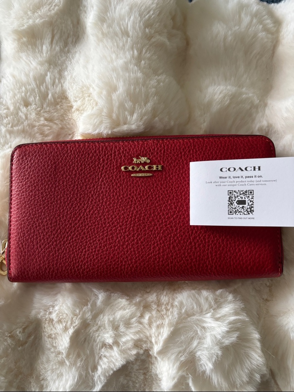 Coach Red Pebbled Leather Zip Wallet with Gold Logo